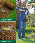 70 Inch Heavy Duty Lawn Thatching Rake With Adjustable Stainless Steel Handle in use for removing thatch and loosening soil