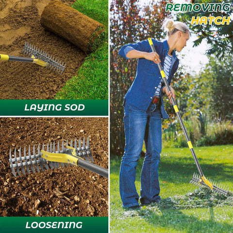 70 Inch Heavy Duty Lawn Thatching Rake With Adjustable Stainless Steel Handle in use for removing thatch and loosening soil