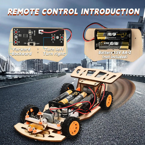 Self-Centering Steering RC Car Kit for STEM Projects, DIY Engineering Toy for Kids Ages 8-12, drifting wooden RC car with AA battery pack
