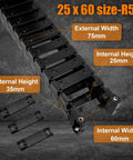 Close-up of a 25x60 R55 drag chain, showing external width, height, and internal dimensions with labeled tags.
