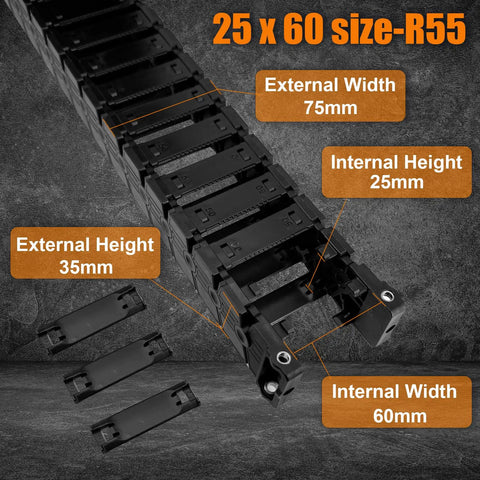 Close-up of a 25x60 R55 drag chain, showing external width, height, and internal dimensions with labeled tags.