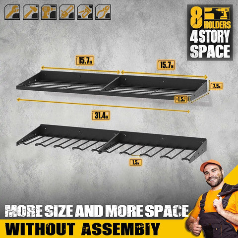 Power Tool Organizer Wall Mount Rack, 14 Drill Holder, Heavy Duty Metal Tool Shelf and Battery Holder dimensions overview