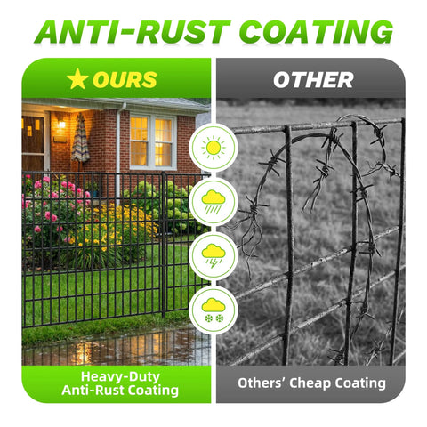 Comparison showing No Dig 10 Panel Decorative Garden Fence With Gate For Yard Patio And Flower Beds Rustproof Wrought Iron Dog Fence versus standard fencing with anti-rust coating differences.