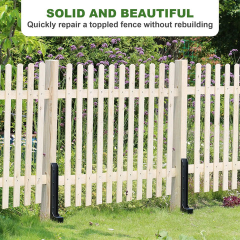 Beefy Heavy Duty Fence Post Repair Kit With One-Piece Steel Anchor And Stakes For Fixing Tilted Wood Posts, installed on fence.