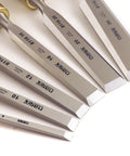 Close-up of Pro Grade 6 Piece Woodworking Chisel Set With Hornbeam Handles In A Sturdy Wooden Box Chrome Manganese Steel Blades