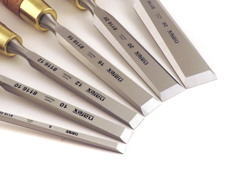Close-up of Pro Grade 6 Piece Woodworking Chisel Set With Hornbeam Handles In A Sturdy Wooden Box Chrome Manganese Steel Blades