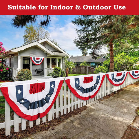 Big 2x4 Ft Pleated American Flag Bunting Half Fan Set Of 5 for Indoors Outdoors on white picket fence