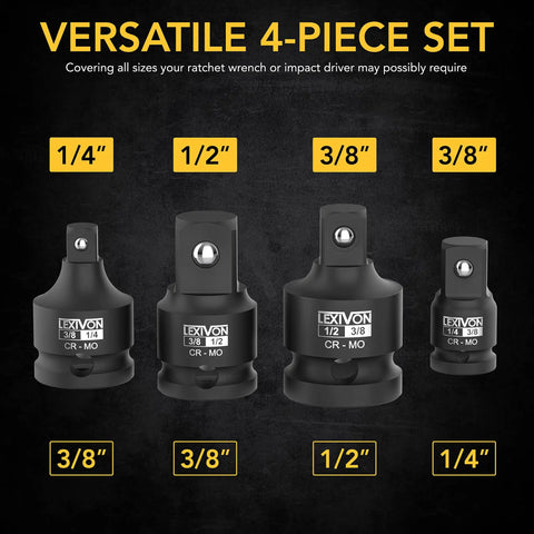 Impact Socket Adapter And Reducer Set For Quick Conversions From 1/4 To 3/8, 3/8 To 1/4, 3/8 To 1/2, And 1/2 To 3/8, Built From Chrome Molybdenum Alloy Steel, Heat Treated, 4 Piece Kit For Impact Drivers