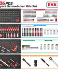 Detailed layout of 106 Piece Impact Screwdriver Bit Set With Three Drawer Steel Toolbox Complete Home Repair Kit Featuring 90 S2 Magnetic Bits 10 Sockets Socket Adapter Bit Holder Magnetizer Demagnetizer And Ratchet Wrench displayed on EVA foam trays.