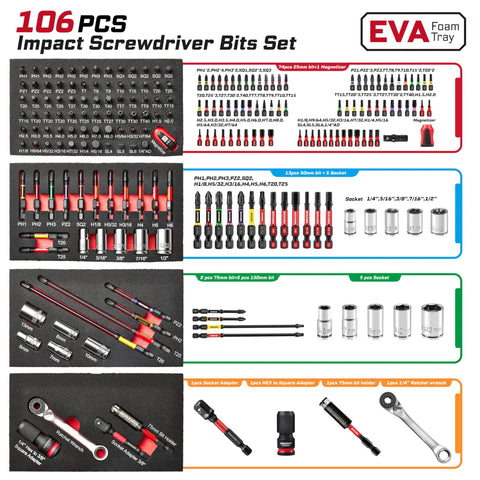 Detailed layout of 106 Piece Impact Screwdriver Bit Set With Three Drawer Steel Toolbox Complete Home Repair Kit Featuring 90 S2 Magnetic Bits 10 Sockets Socket Adapter Bit Holder Magnetizer Demagnetizer And Ratchet Wrench displayed on EVA foam trays.