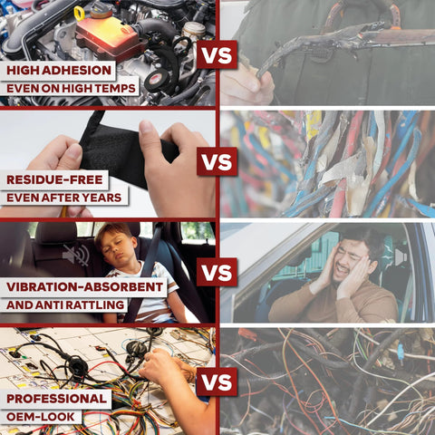 Comparison of High Temperature Wire Harness Tape Three Quarter Inch By Fifty Foot Five Pack Self Adhesive Felt Cloth Electrical Tape features like adhesion and noise dampening versus standard electrical tapes.