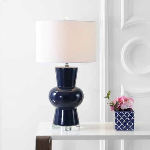 Ceramic Table Lamp 28.5 Inches With Crystal Base And Linen Shade, Modern Hourglass LED Bedside Light for living room decor