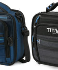 Heavy Duty Expandable Lunch Pack With Dual Food Containers And Pro Grade Ice Walls For Hella Superior Cooling And Zero Leak Stress In Smooth Black And Blue Travel Bag, side view of blue and black cooler bags.