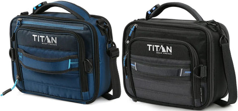 Heavy Duty Expandable Lunch Pack With Dual Food Containers And Pro Grade Ice Walls For Hella Superior Cooling And Zero Leak Stress In Smooth Black And Blue Travel Bag, side view of blue and black cooler bags.