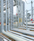 Industrial pipelines at a facility using 304 Stainless Steel Band 1 Inch Wide 0.044 Inch Thick 100 Foot Length With Smooth Edges For Indoor Outdoor Use And Shapeable Mounting Band With Clamps Made In USA For Tough Long Lasting Tie Downs