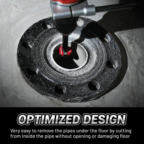 Inside Pipe Cutter For PVC Pipes With Diamond Grit Blades That Last Ten Times Longer, Two Times Faster Cuts attached to drill in use