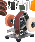 Mini Belt Sander For Knife Making Electric Bench Grinder showing stainless steel base, sanding belts, and accessory kit.