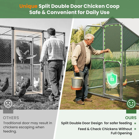 Split double door metal large walk in chicken coop with security lock and roosting perch, 10x20 outdoor poultry run for easy access