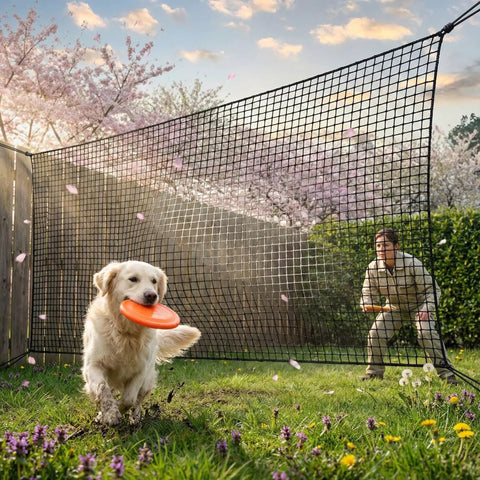 10x10 Ft Golf Practice Fence Net in backyard with a dog and person, 400GSM heavy duty barrier net for driving and chipping practice