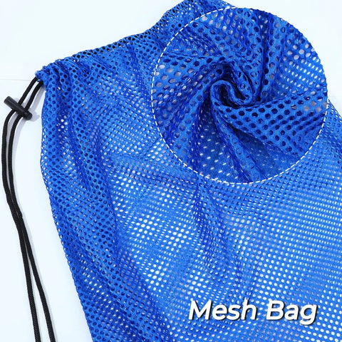 Two Pack Oversized Mesh Swim Bags With Drawstring Net For Snorkel Gear 19 By 27 Inches Beach And Sports Equipment Organizer Perfect For Diving Fins Snorkeling Gear Towels Balls And More - Blue bag with drawstring