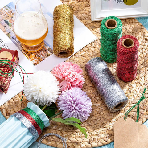 Four Rolls Christmas Metallic Bakers Twine 110 Yards Each Gold Silver Red Green For Gift Wrapping Game And DIY Crafts Durable Jute String Pack Of Colorful Twine