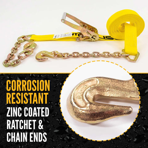 Beefy Heavy Duty Chain Ratchet Straps 2 Inch X 27 Foot 2 Pack With Chain Ends And Grab Hooks 10000 Lbs Break Strength flatbed hauling