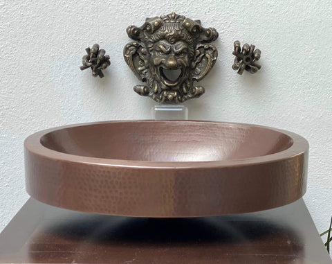 16 By 13 Inch Oval Skirted Vessel Copper Sink Hand Hammered Pure Copper Brown Finish For Modern Bath, semi-recessed view