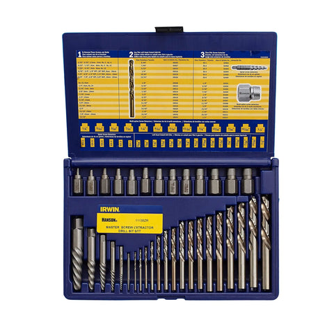 Open case showing Left Handed Screw Extractor And Drill Bit Set, 35 Piece, with etched size guides and organized placement.