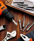 20 Piece 3/8 Inch Impact Socket Adapter Set With Square Bit Adapters For Drills And Extensions, shown with tools
