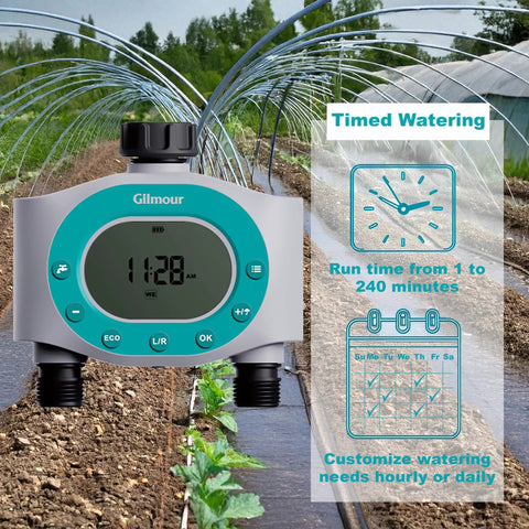 Two Zone Hose Timer For Garden And Lawn With LCD Display And Rain Delay Dual Outlet Sprinkler Controller in garden setting