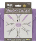 8 Piece Beading Pliers Set With Color Coordinated Tools And Orchid Leather Case For Jewelry Making packaging
