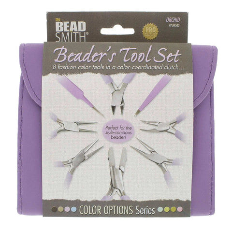 8 Piece Beading Pliers Set With Color Coordinated Tools And Orchid Leather Case For Jewelry Making packaging