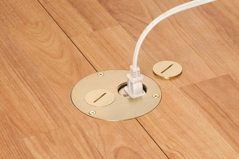 Round Cut-In Floor Box Kit 1-Gang With Brass Cover And Threaded Plugs For Wood Or Concrete Floors Easy To Install Recessed Outlet