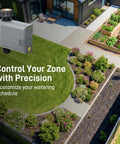 B-hyve Gen 2 Smart Hose Watering Timer With WiFi Hub Model 90204 installed in a landscaped garden showcasing its use.