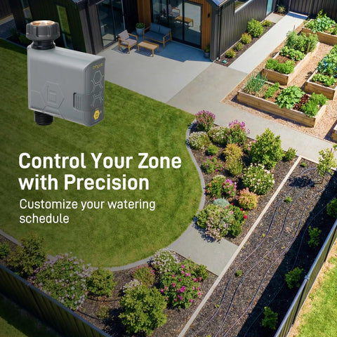 B-hyve Gen 2 Smart Hose Watering Timer With WiFi Hub Model 90204 installed in a landscaped garden showcasing its use.