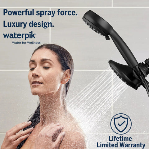 Woman enjoying 2 In 1 Dual Shower System With Rain Head And 7-Mode Handheld Shower Head Matte Black With One Touch Switching.