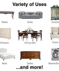 Image showing various furniture pieces including tables, sofas, and beds suitable for the 20 Piece Assorted Felt Furniture Sliders Set For Hard Surfaces.