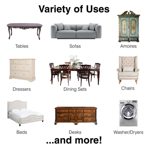 Image showing various furniture pieces including tables, sofas, and beds suitable for the 20 Piece Assorted Felt Furniture Sliders Set For Hard Surfaces.