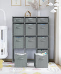 Must Have 12 Cube Storage Organizer With Bins Included For Toy Organization Closet And Clothes All In One Grey Cube System 36 Inch High Cabinet With 9 Large Cubes And 3 Small Cubes Easy Assembly shown in nursery setting