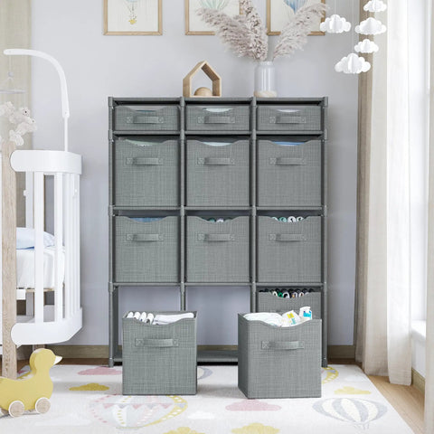 Must Have 12 Cube Storage Organizer With Bins Included For Toy Organization Closet And Clothes All In One Grey Cube System 36 Inch High Cabinet With 9 Large Cubes And 3 Small Cubes Easy Assembly shown in nursery setting