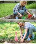 Woman gardening with 50 Piece Mini Colorful Metal Hand Shovels Set For Gardening Tiny Trowels Dope Digging Planting Transplanting And Soil Work Five Color Assortment Red Yellow Pink Blue Green For Women Men Kids