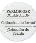 Round wooden sign reading 'Farmhouse Collection' in English, French, and Spanish, for Position And Lock Adjustable Wood Baby Gate