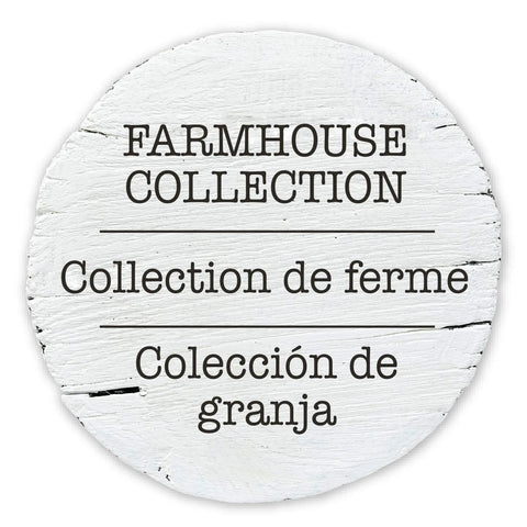 Round wooden sign reading 'Farmhouse Collection' in English, French, and Spanish, for Position And Lock Adjustable Wood Baby Gate