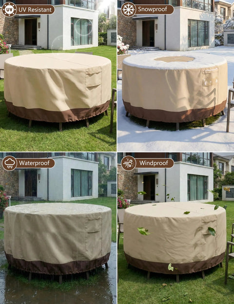 Heavy Duty 600D Oxford Waterproof Outdoor Patio Furniture Cover with padded handles on tables and chairs outdoors
