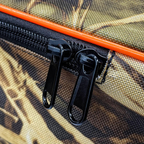 Close-up of zippers on Universal Soft Crossbow Case With Backpack Straps For Hunting, Fits 37 Inch Crossbows, 600D nylon material.