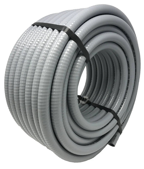 Roll of Super Flexible Half Inch Non Metallic Liquid Tight Conduit Type B UL Listed 100 Feet Made In USA, gray PVC material.