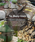 Garden yard collage showing mulch bags, stacked firewood, a green ceramic grill, and stone piles.
