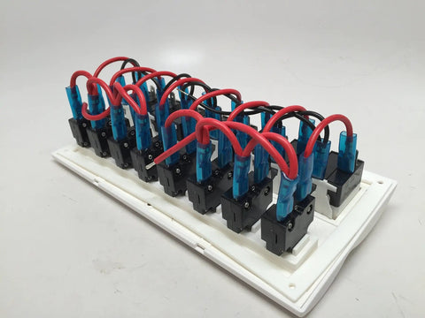 Back view of 8 Gang White Boat Switch Panel With Blue LED Indicator Rocker Circuit Breaker Splashproof Marine Panel