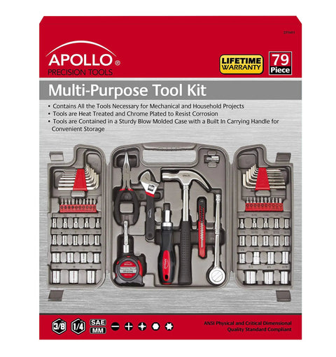 79 Piece Multi Purpose SAE And Metric Tool Set With Sockets in durable case, includes various tools for garage and home use