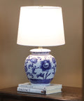 Blue And White Floral Ceramic Table Lamp With White Cotton Shade Small Size On Off Switch 60W Max Bulb For Bedroom Nightstand